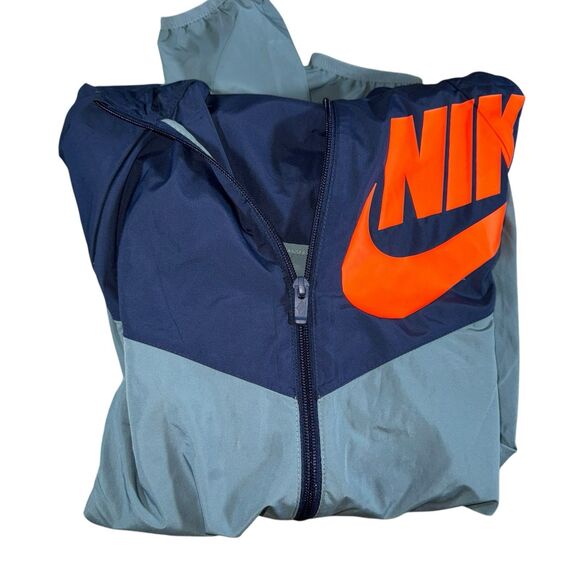 Nike Packable Running Wind Rain Jacket Womens XL‎ Hooded Big Logo Blue Gray - Picture 7 of 11